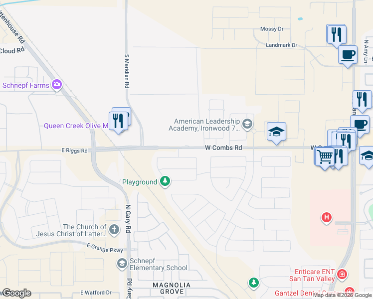 map of restaurants, bars, coffee shops, grocery stores, and more near 2359 West Combs Road in San Tan Valley