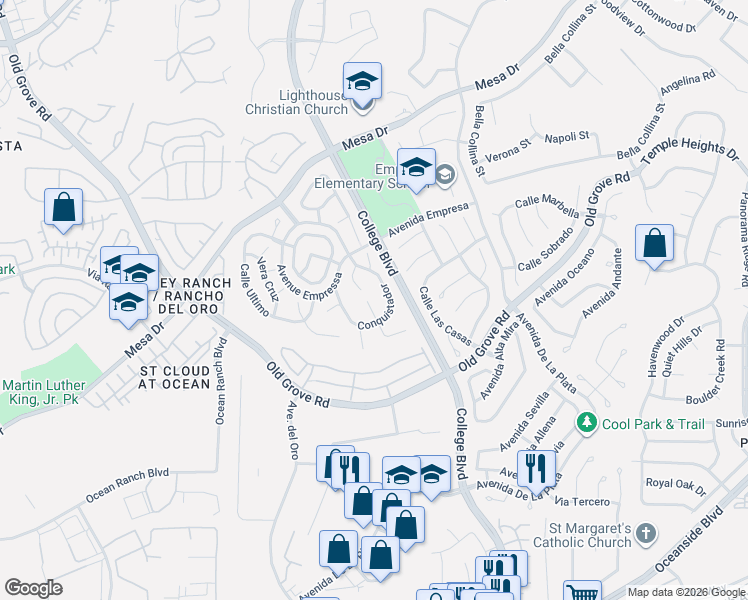 map of restaurants, bars, coffee shops, grocery stores, and more near 1528 Via Otano in Oceanside