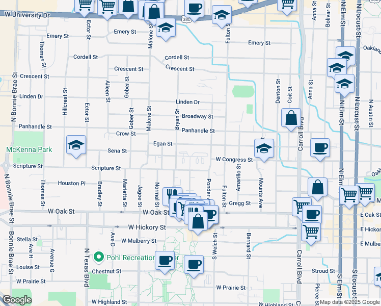 map of restaurants, bars, coffee shops, grocery stores, and more near 1310 Scripture Street in Denton