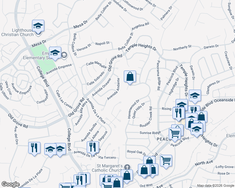 map of restaurants, bars, coffee shops, grocery stores, and more near 1593 Avenida Andante in Oceanside