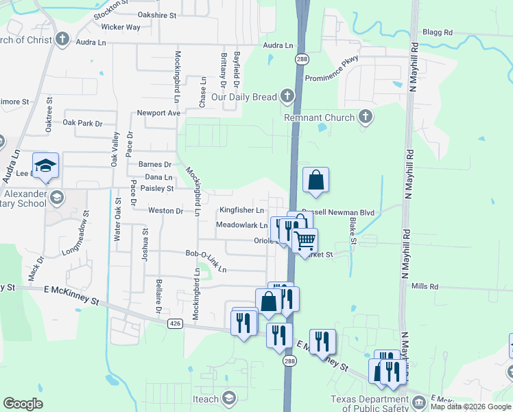 map of restaurants, bars, coffee shops, grocery stores, and more near 500 Kingfisher Court in Denton