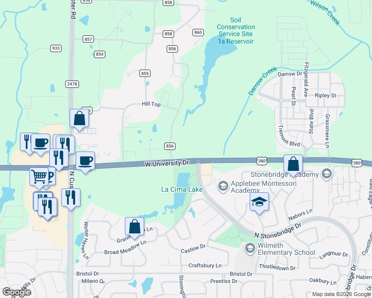 map of restaurants, bars, coffee shops, grocery stores, and more near 8258 West University Drive in McKinney