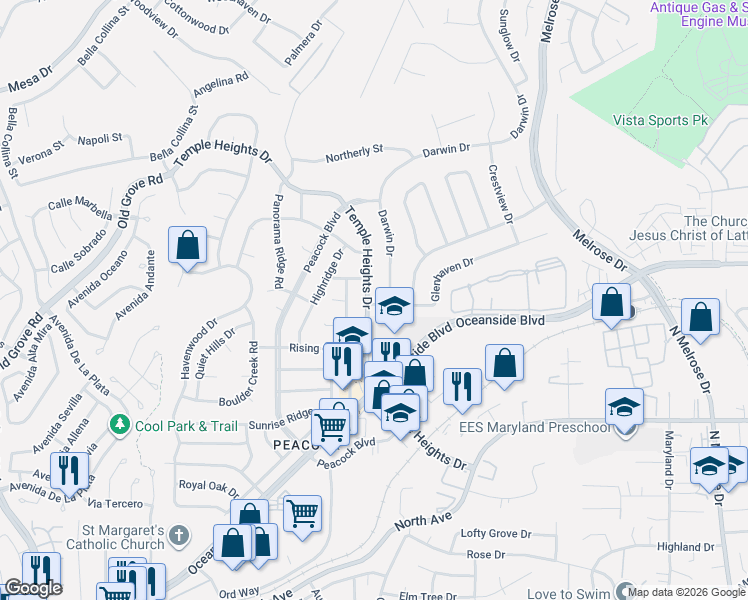 map of restaurants, bars, coffee shops, grocery stores, and more near 1459 Darwin Drive in Oceanside
