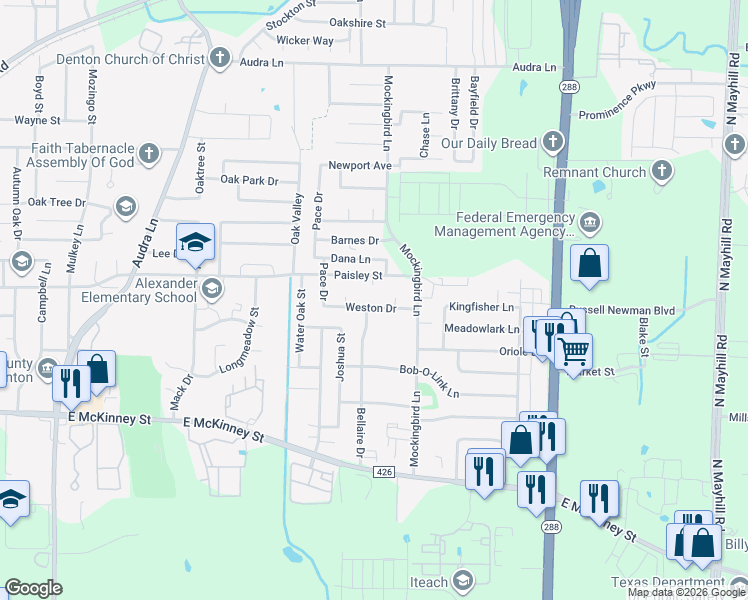 map of restaurants, bars, coffee shops, grocery stores, and more near 420 Meng Circle in Denton