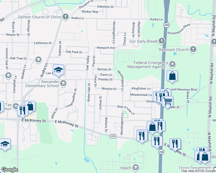 map of restaurants, bars, coffee shops, grocery stores, and more near 420 Meng Circle in Denton
