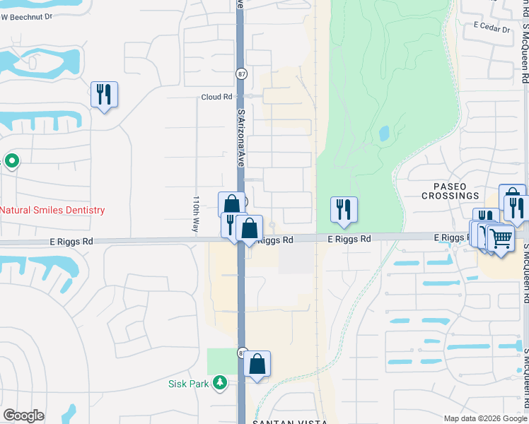 map of restaurants, bars, coffee shops, grocery stores, and more near 116 East Gemini Place in Chandler