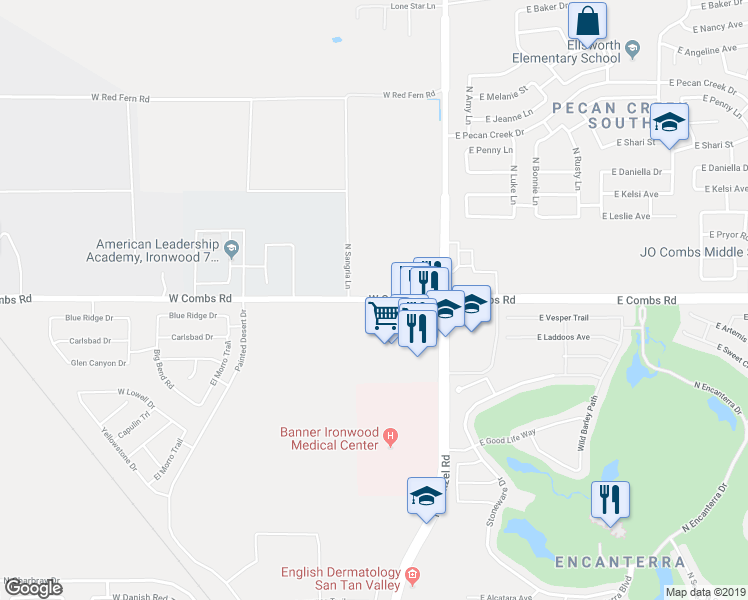 map of restaurants, bars, coffee shops, grocery stores, and more near 155 West Combs Road in San Tan Valley