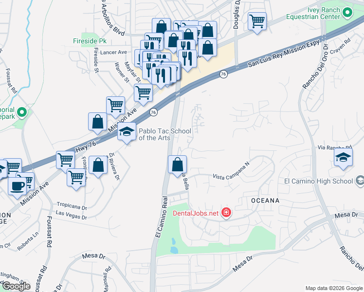 map of restaurants, bars, coffee shops, grocery stores, and more near 3612 Vista Bella in Oceanside