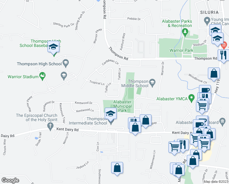 map of restaurants, bars, coffee shops, grocery stores, and more near 1227 Tahiti Circle in Alabaster