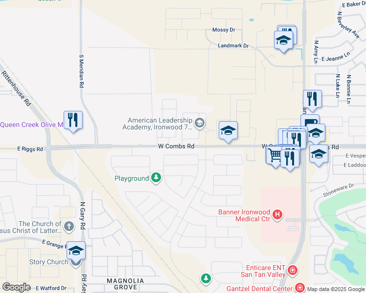 map of restaurants, bars, coffee shops, grocery stores, and more near West Combs Road in Queen Creek