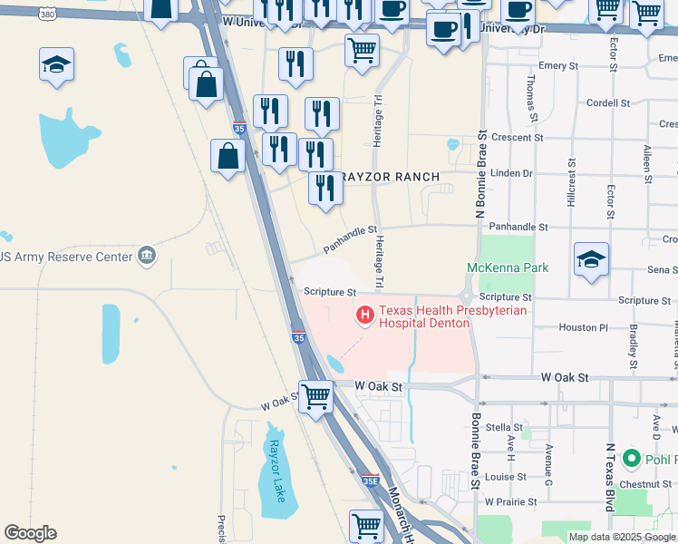map of restaurants, bars, coffee shops, grocery stores, and more near 2620 Scripture Street in Denton