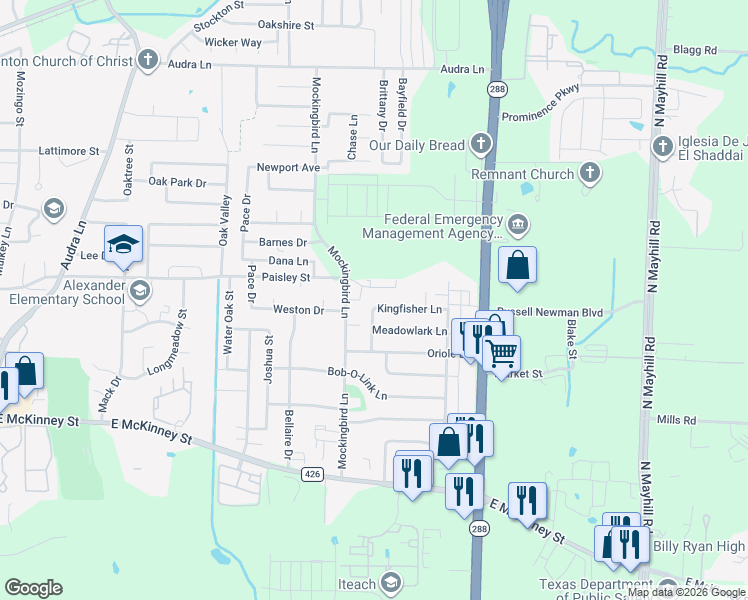 map of restaurants, bars, coffee shops, grocery stores, and more near 3409 Paisley Street in Denton