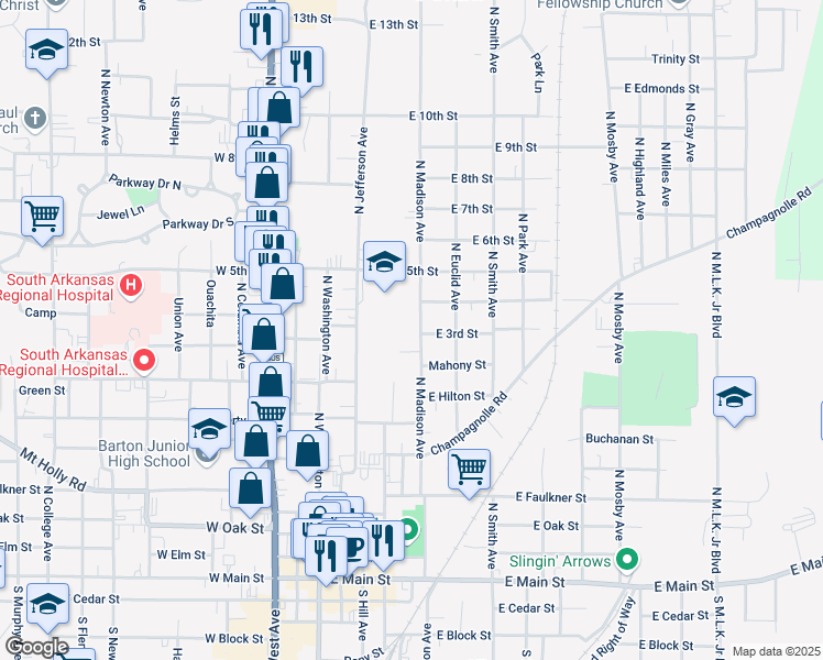 map of restaurants, bars, coffee shops, grocery stores, and more near 900 North Madison Avenue in El Dorado