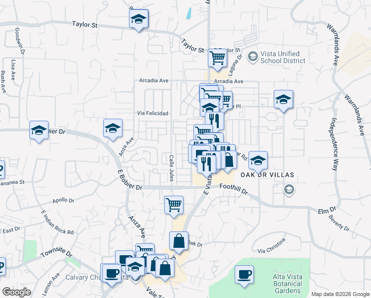 map of restaurants, bars, coffee shops, grocery stores, and more near 1010 East Bobier Drive in Vista