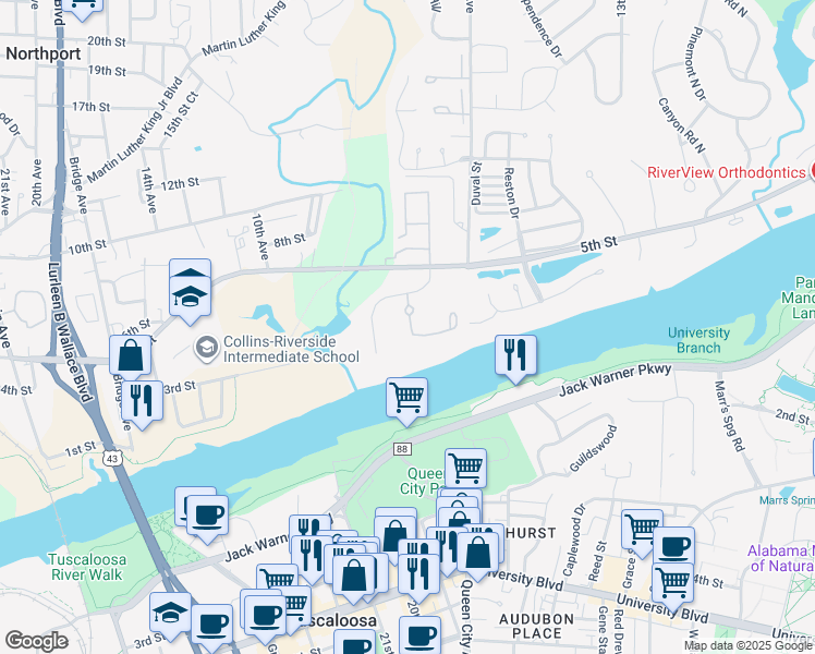 map of restaurants, bars, coffee shops, grocery stores, and more near 201 Marina Drive in Tuscaloosa