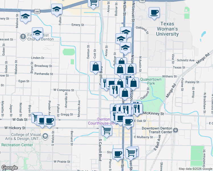 map of restaurants, bars, coffee shops, grocery stores, and more near 703 Bolivar Street in Denton