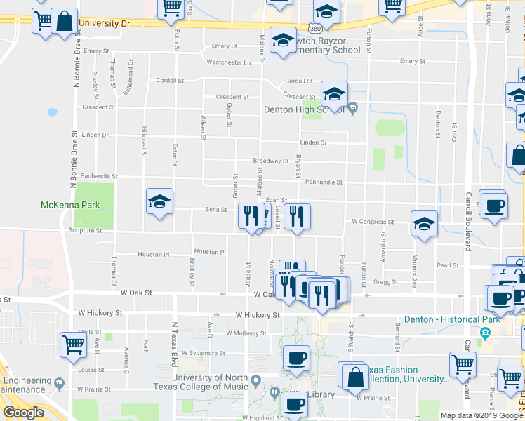 map of restaurants, bars, coffee shops, grocery stores, and more near 1601 Egan Street in Denton