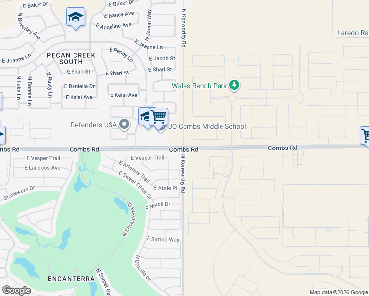 map of restaurants, bars, coffee shops, grocery stores, and more near 1800 East Combs Road in San Tan Valley