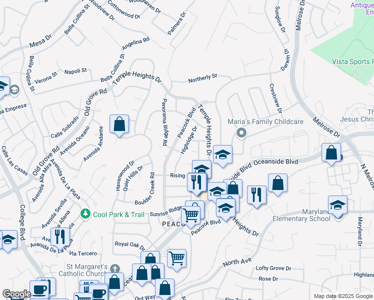map of restaurants, bars, coffee shops, grocery stores, and more near 1452 Highridge Drive in Oceanside