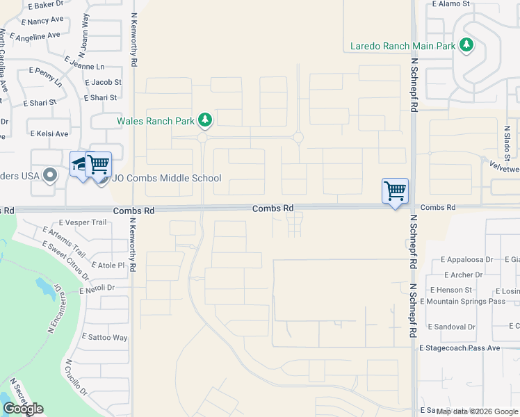 map of restaurants, bars, coffee shops, grocery stores, and more near 2630 Combs Road in San Tan Valley