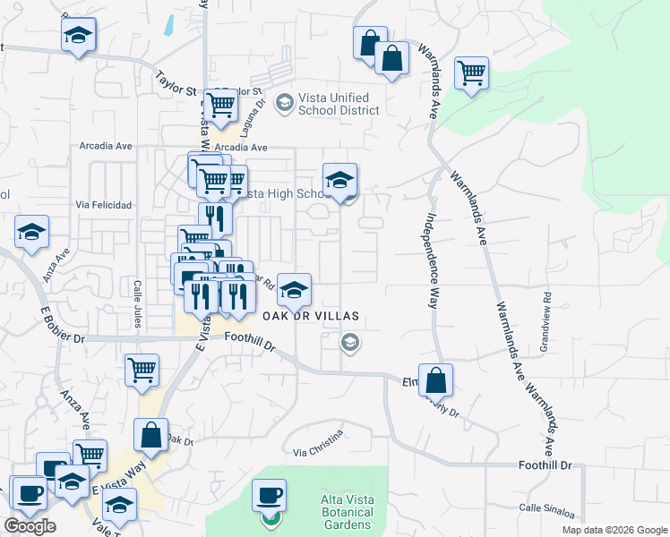 map of restaurants, bars, coffee shops, grocery stores, and more near 2 Bonair Road in Vista