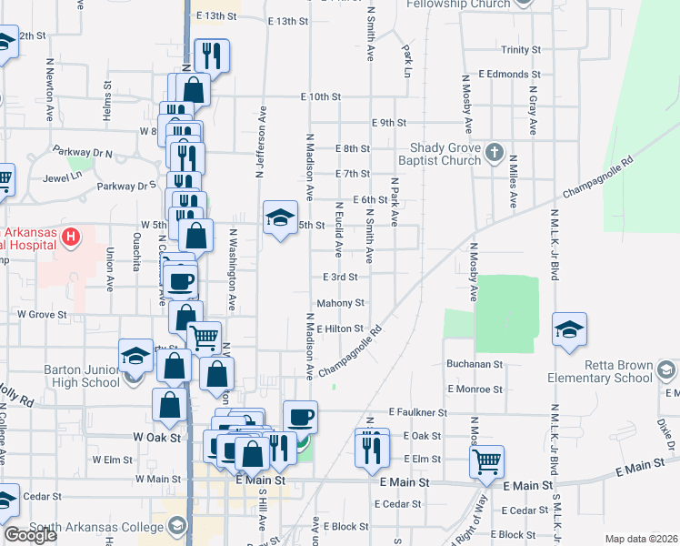 map of restaurants, bars, coffee shops, grocery stores, and more near 917 North Euclid Avenue in El Dorado