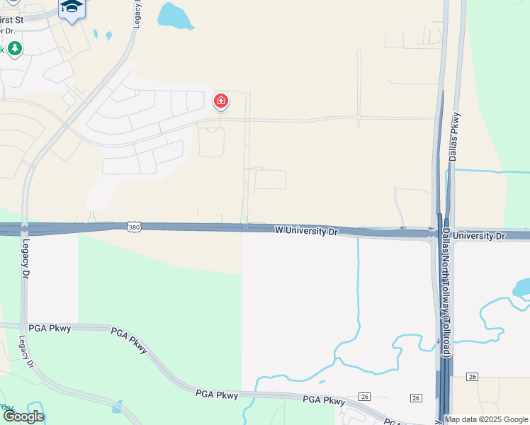 map of restaurants, bars, coffee shops, grocery stores, and more near 1970 West University Drive in Prosper