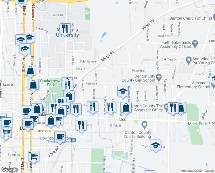 map of restaurants, bars, coffee shops, grocery stores, and more near 716 North Bradshaw Street in Denton