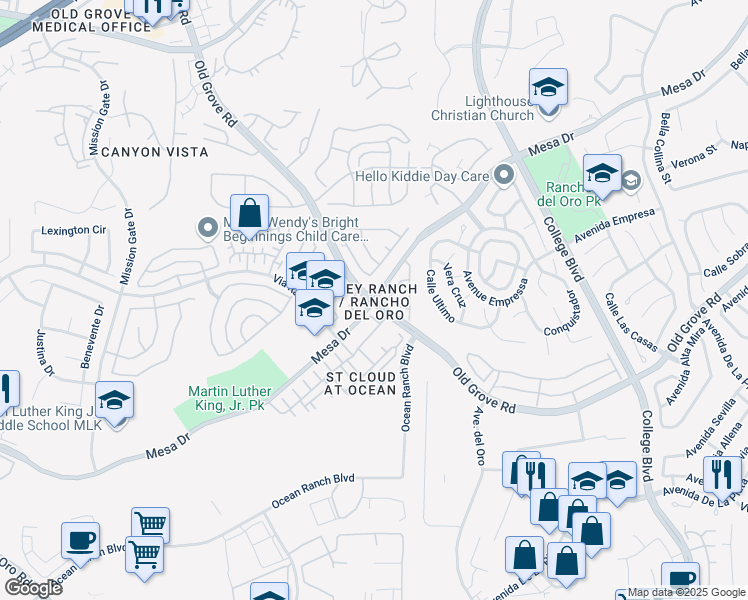 map of restaurants, bars, coffee shops, grocery stores, and more near Mesa Drive & Old Grove Road in Oceanside