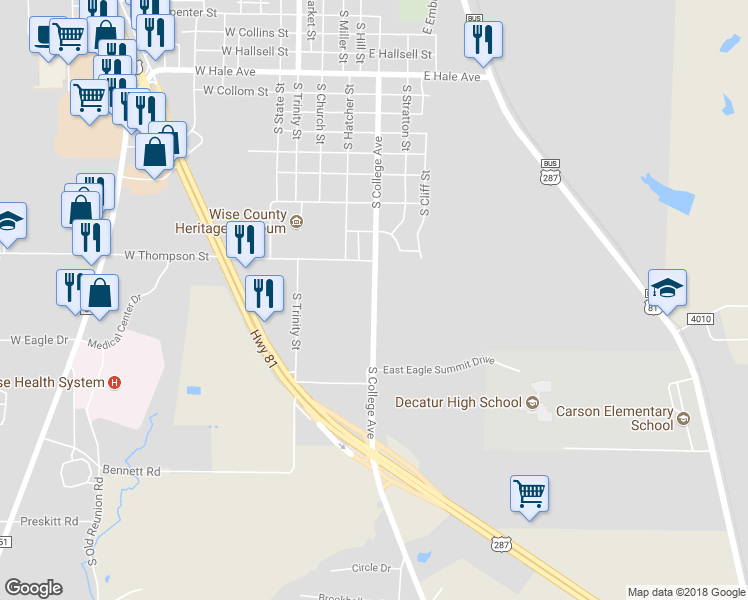 map of restaurants, bars, coffee shops, grocery stores, and more near 1810 Farm to Market Road 730 in Decatur