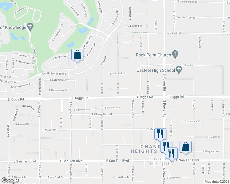 map of restaurants, bars, coffee shops, grocery stores, and more near 18047 East Vencino in Gilbert