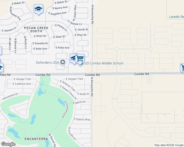 map of restaurants, bars, coffee shops, grocery stores, and more near 37501 North Kenworthy Road in San Tan Valley