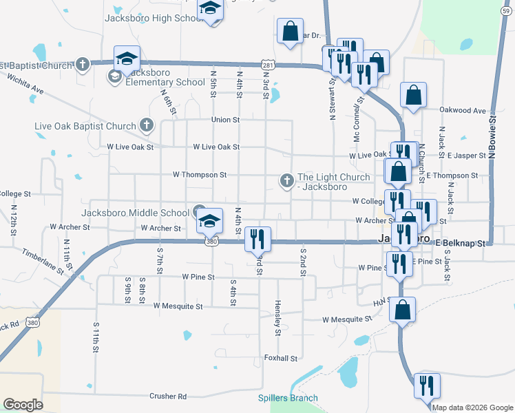 map of restaurants, bars, coffee shops, grocery stores, and more near 301 North 3rd Street in Jacksboro