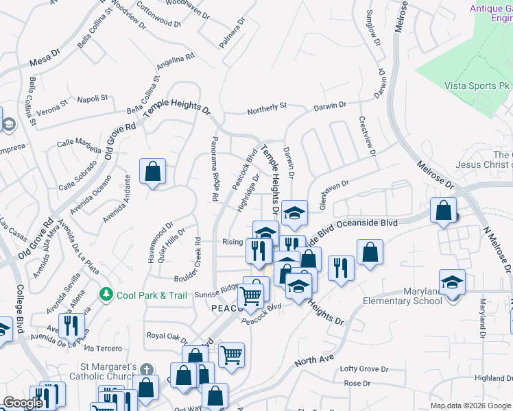 map of restaurants, bars, coffee shops, grocery stores, and more near 1412 Rolling Hills Drive in Oceanside