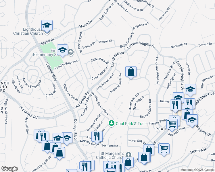 map of restaurants, bars, coffee shops, grocery stores, and more near 1632 Avenida Oceano in Oceanside
