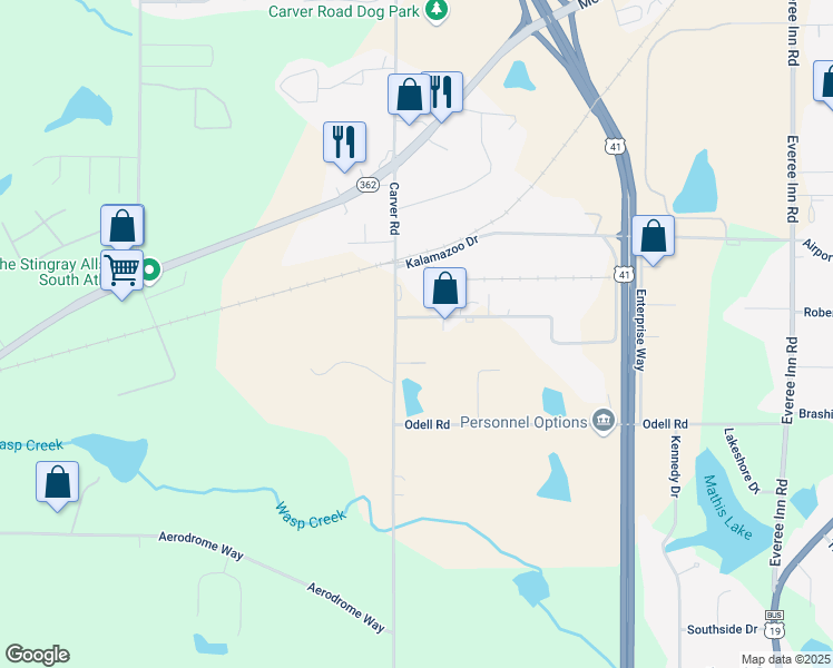 map of restaurants, bars, coffee shops, grocery stores, and more near 1220 Carver Road in Griffin