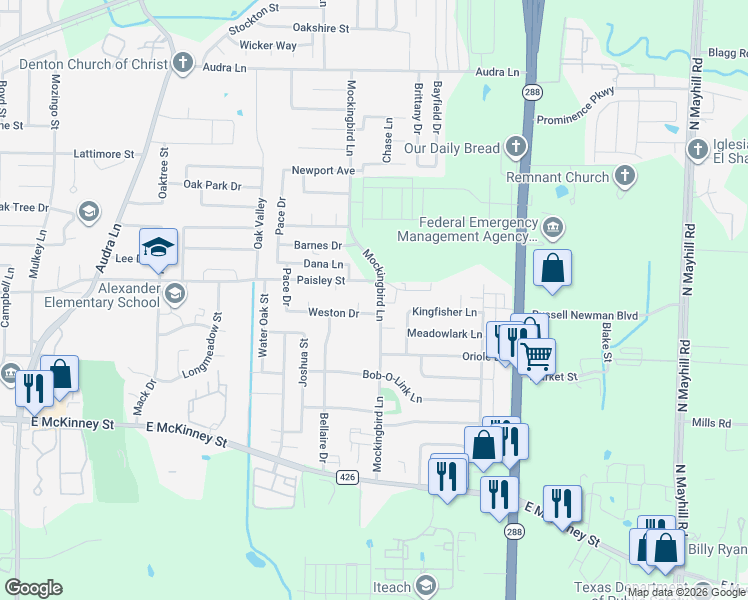 map of restaurants, bars, coffee shops, grocery stores, and more near 417 Mockingbird Lane in Denton
