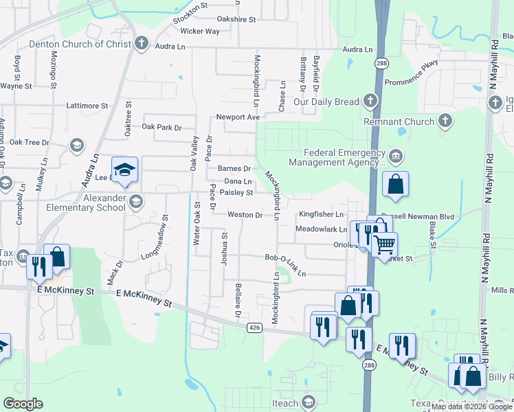 map of restaurants, bars, coffee shops, grocery stores, and more near 420 Meng Circle in Denton