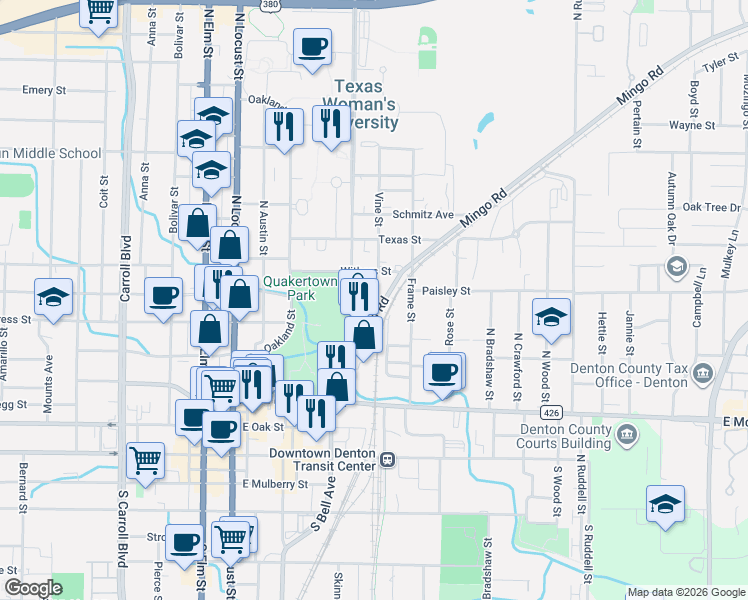 map of restaurants, bars, coffee shops, grocery stores, and more near 816 North Bell Avenue in Denton