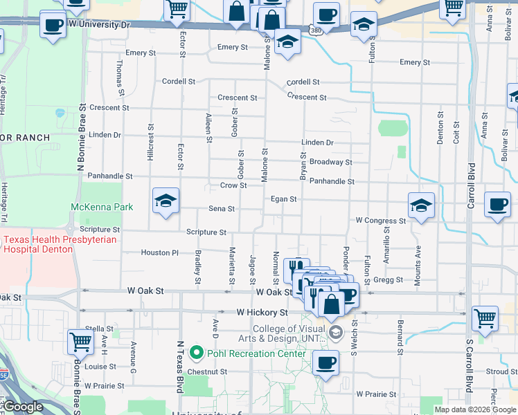 map of restaurants, bars, coffee shops, grocery stores, and more near 1716 Sena Street in Denton