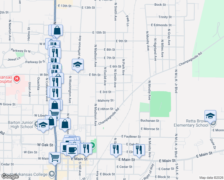 map of restaurants, bars, coffee shops, grocery stores, and more near 917 North Euclid Avenue in El Dorado