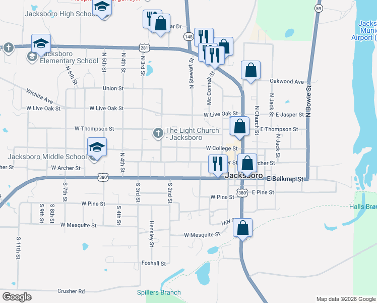 map of restaurants, bars, coffee shops, grocery stores, and more near 258 West College Street in Jacksboro
