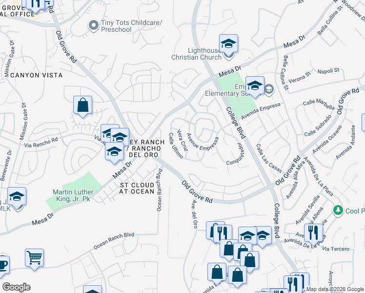 map of restaurants, bars, coffee shops, grocery stores, and more near 1267 Vera Cruz in Oceanside
