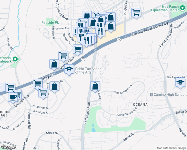 map of restaurants, bars, coffee shops, grocery stores, and more near 340 South El Camino Real in Oceanside