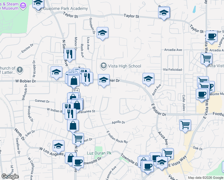 map of restaurants, bars, coffee shops, grocery stores, and more near 405 Joann Circle in Vista