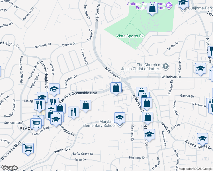 map of restaurants, bars, coffee shops, grocery stores, and more near 2423 Catalina Circle in Oceanside