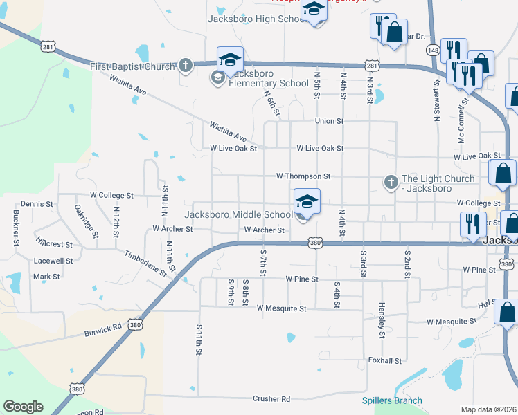 map of restaurants, bars, coffee shops, grocery stores, and more near 302 North 7th Street in Jacksboro