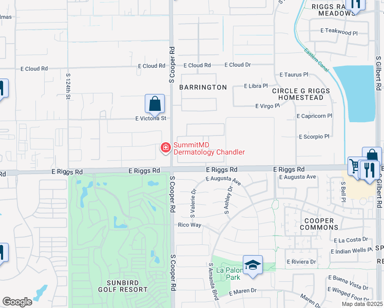 map of restaurants, bars, coffee shops, grocery stores, and more near 2095 East Gemini Place in Chandler