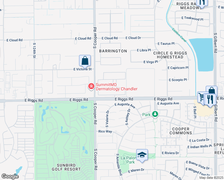 map of restaurants, bars, coffee shops, grocery stores, and more near 2125 East Gemini Place in Chandler