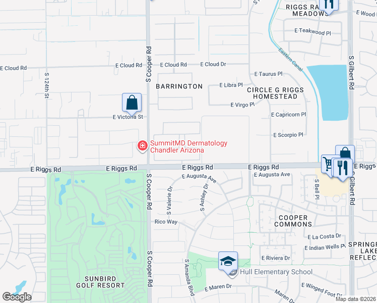 map of restaurants, bars, coffee shops, grocery stores, and more near 2155 East Gemini Place in Chandler